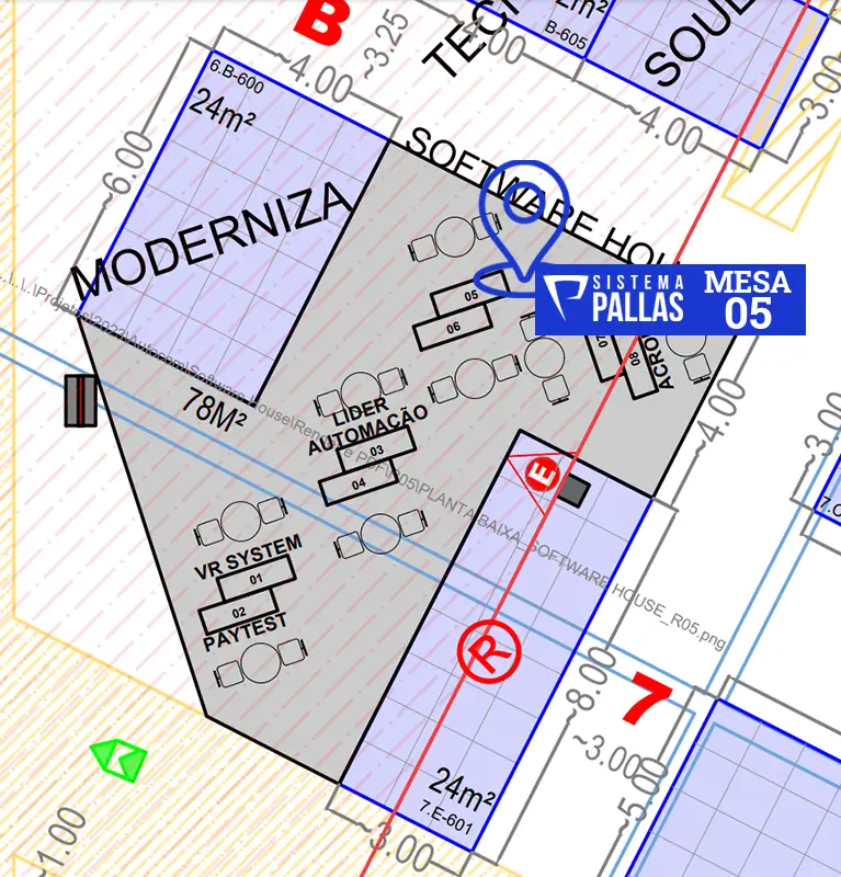 Planta do Pavilhão na AutoCom 2024, com a localização do Stand do Sistema Pallas.